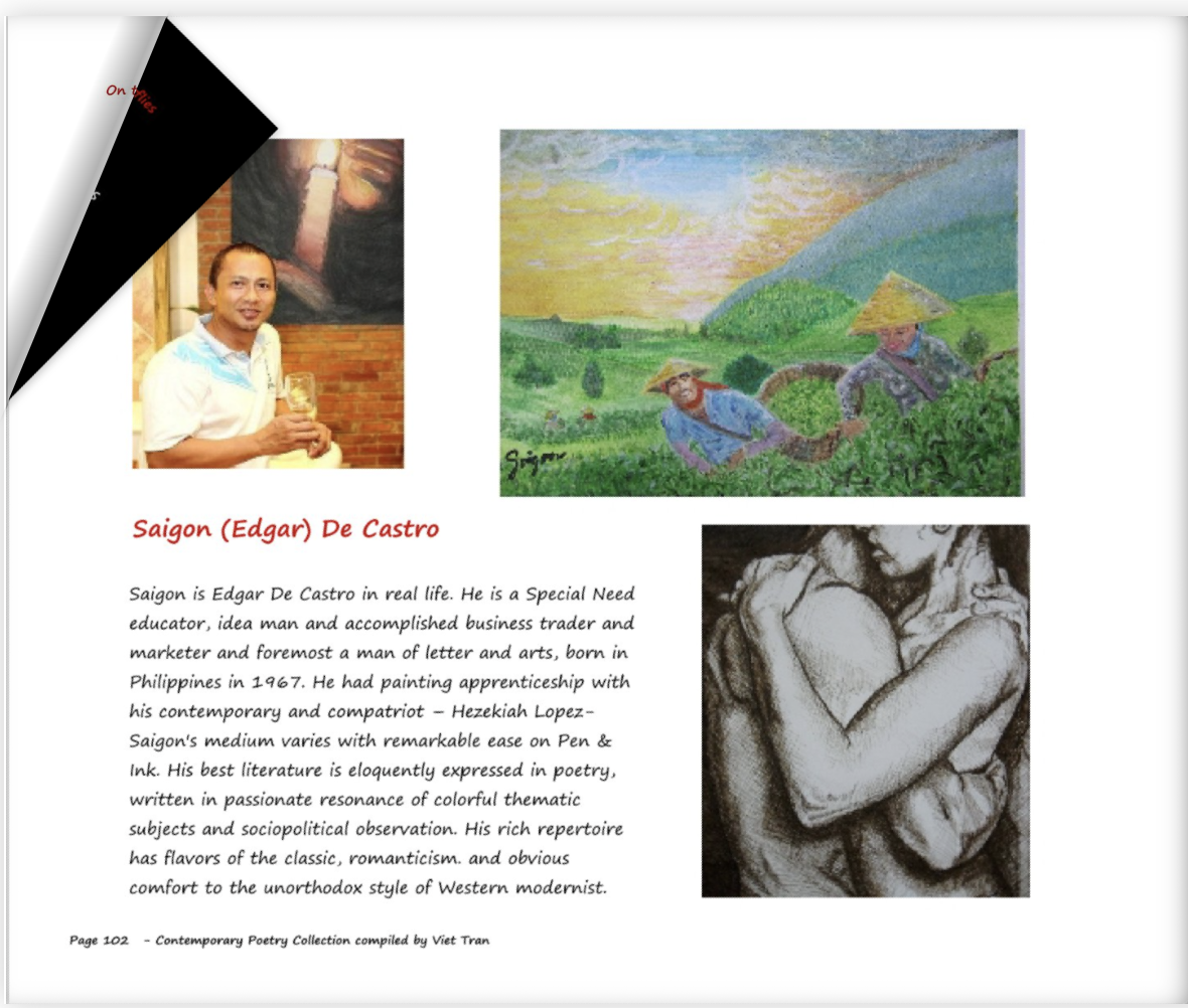 Page from the Blurb ebook “On the Wings O' Butterflies” showing Saigon De Manila's biographical note and artworks