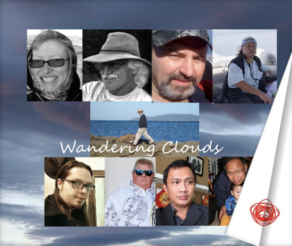 Cover of the Blurb ebook “Wandering Clouds” — nine portraits over a cloud sky with the title in white cursive