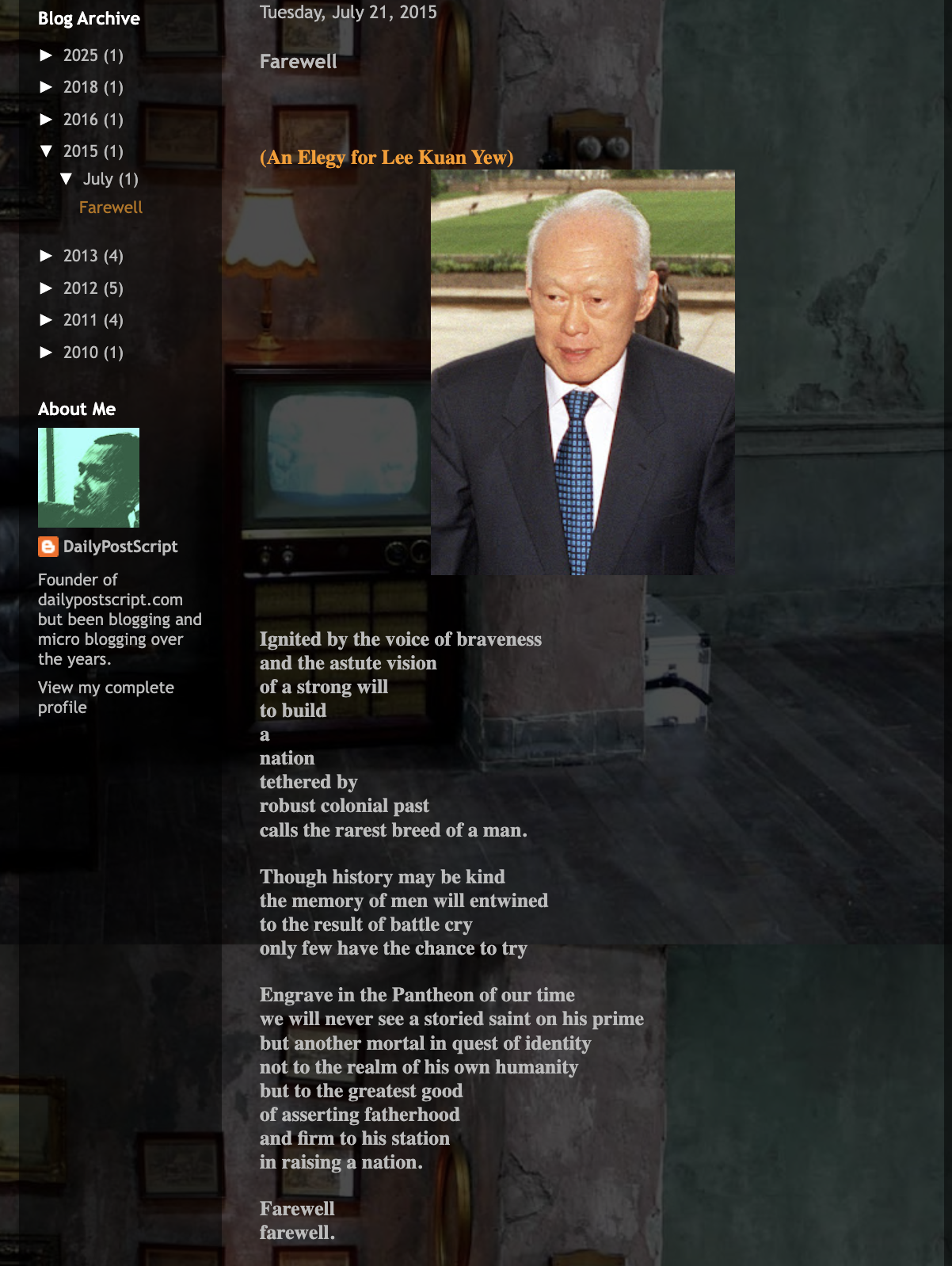 The Farewell blog post as published, showing the elegy for Lee Kuan Yew with his portrait