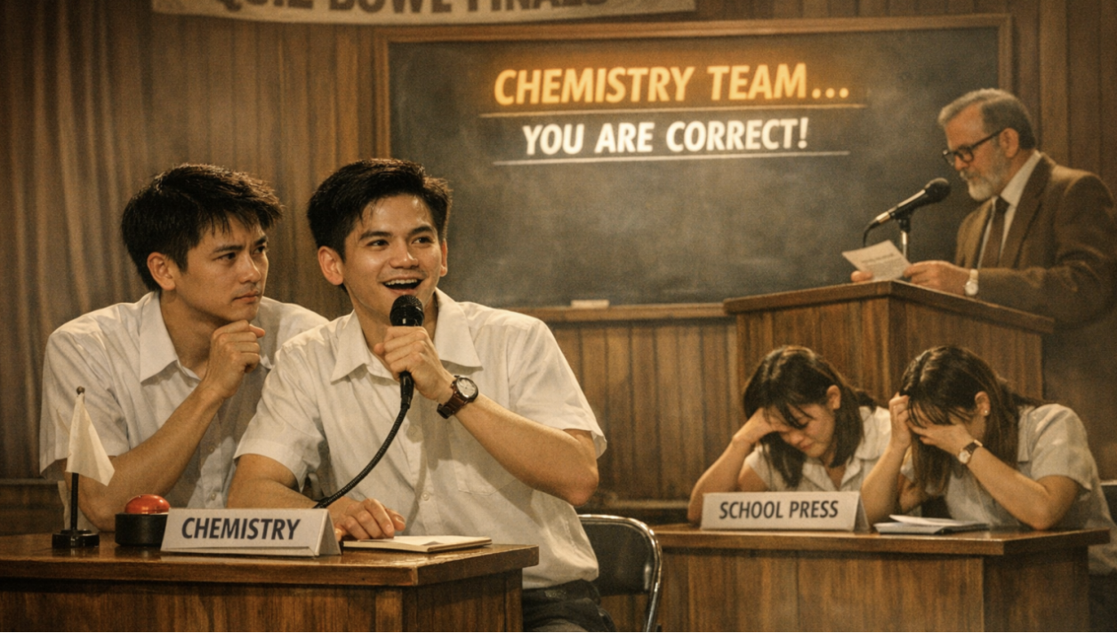 Author-supplied Quiz Bowl preview depicting a chemistry team answering a question