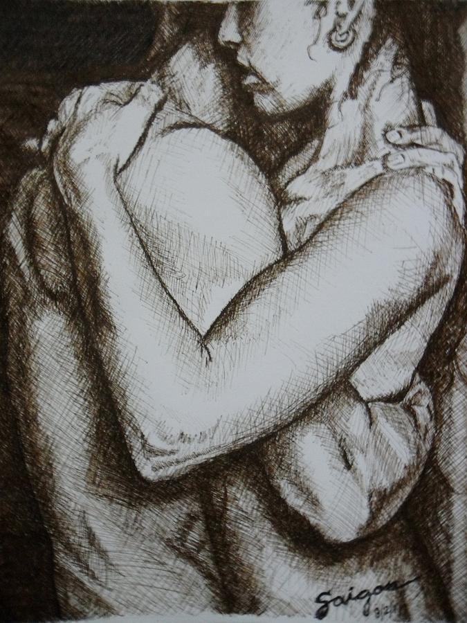 Indomitos Opus — sepia ink cross-hatch drawing of an embracing couple by Saigon De Manila