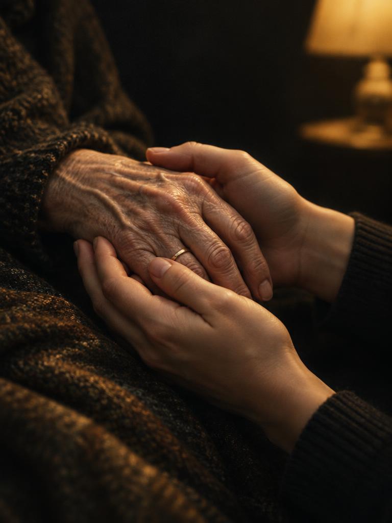 Hands of an elder gently held by younger hands — family and caregiving