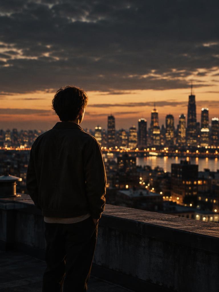 A young person looking toward city lights at dusk — youth and aspiration