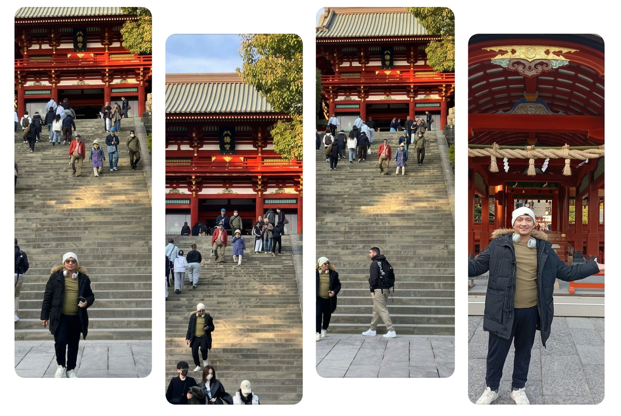 Four photographs of Saigon De Manila at temple steps and a red gateway in Tokyo.